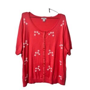 Hampshire Studio Womens 3X Coral Pink Floral Embroidered Short Sleeve Cardigan
